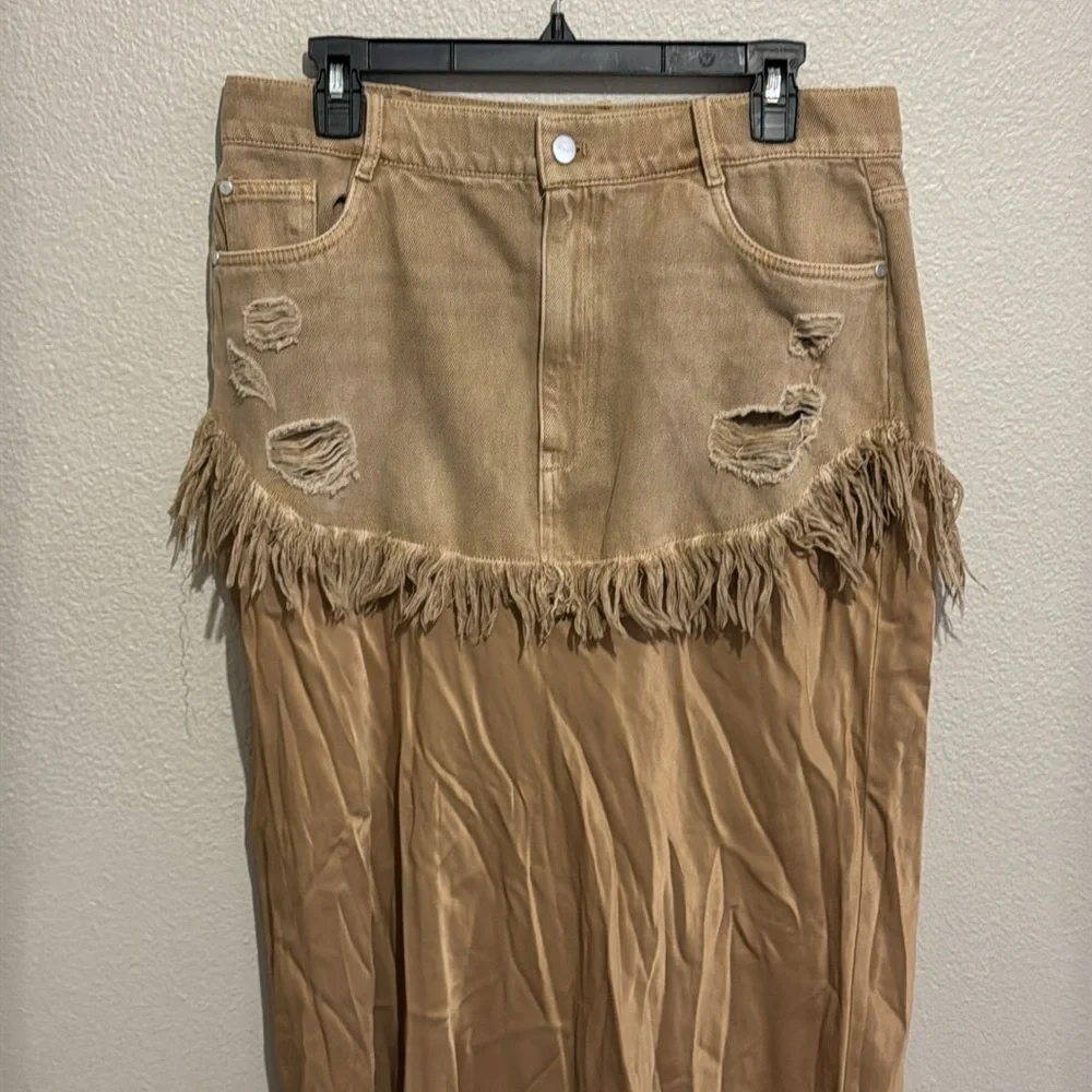Pilcro Twofer Slip Midi Tan A-Line Skirt with Fringe Rodeo Cowgirl